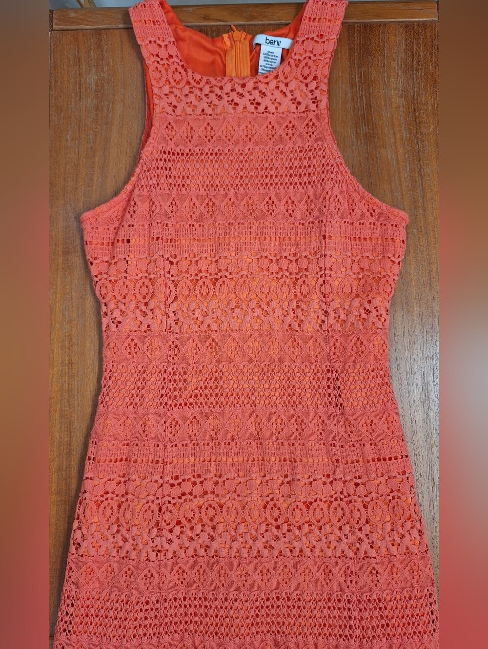 Bar III Lace Crochet Mini Dress Jewel Neck Lined Bodycon Coral Cocktail XS